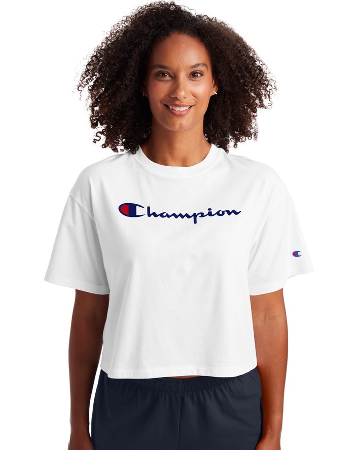 Champion Cropped Script Logo Kadın Tişört Beyaz ( PKZMBD938 )